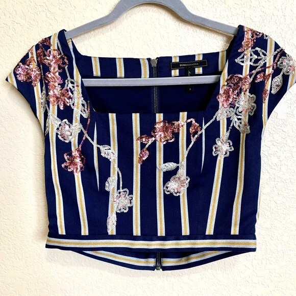 BCBGMaxAzria Blue Blouse women Sequined square neckline crop top size XS - Picture 1 of 11